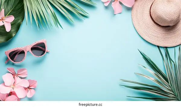 Summer Vacation Tropical Flat Lay with Pink Flowers Sunglasses Hat and Palm Leaves