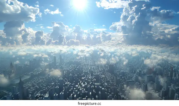 Aerial view of a city with fluffy clouds behind