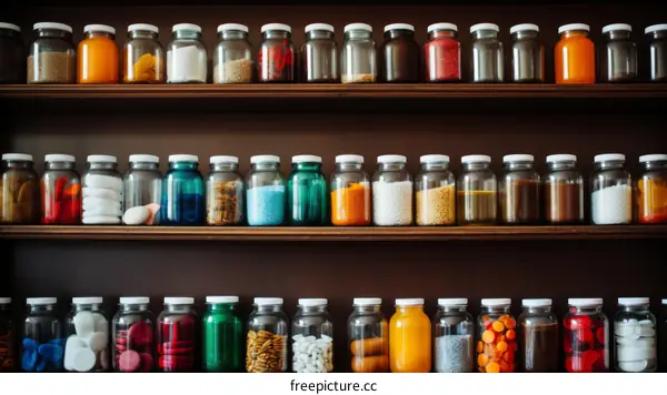 Colorful Apothecary Jars on Wooden Shelves