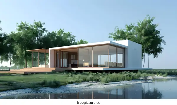 Modern Glass House With Large Windows And Pond In Front