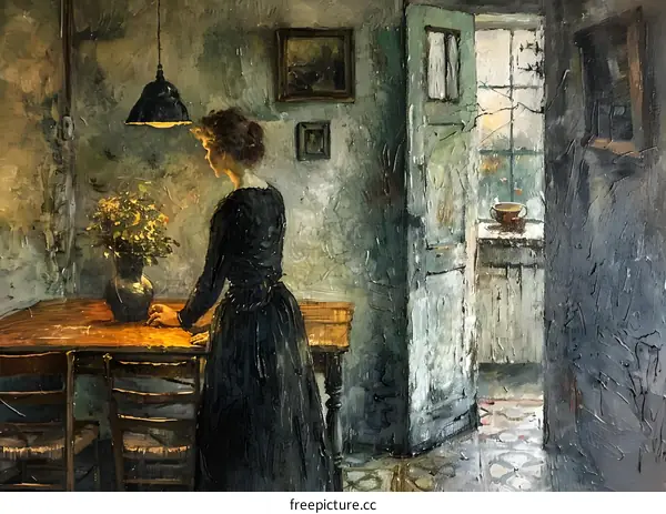A woman standing in a kitchen, looking at a vase of flowers on a table