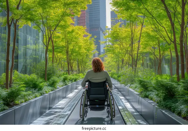 A person in a wheelchair is on a green path with trees and buildings in the background