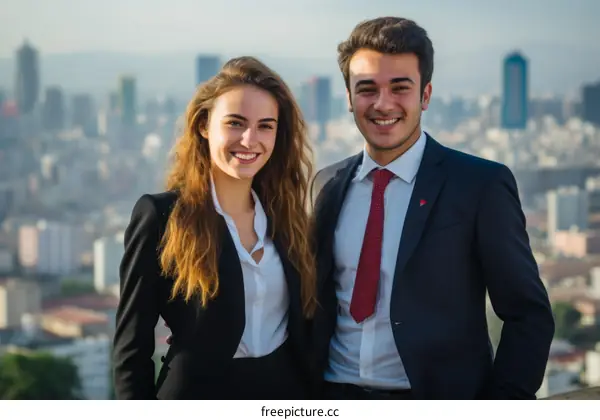 Two young professionals smiling in front of a cityscape