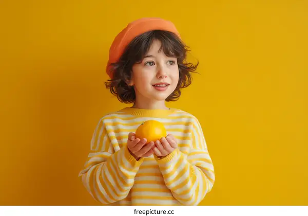 Child Holding Orange against a Bright Yellow Background