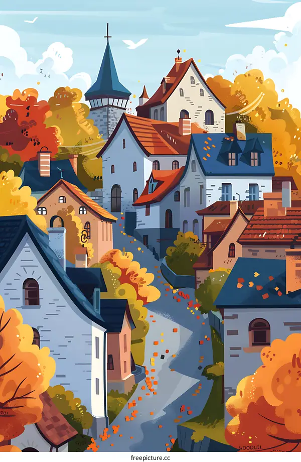 Autumn Village Houses Illustration
