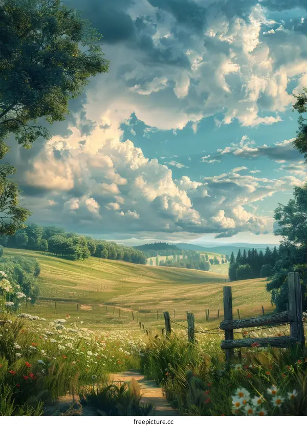 Scenic Rural Landscape with Fluffy Clouds