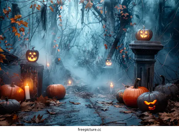 Mystical Halloween pumpkins glowing in the haunted woods