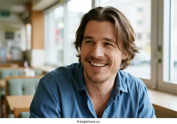 A man in blue shirt sitting in a bright café with window view