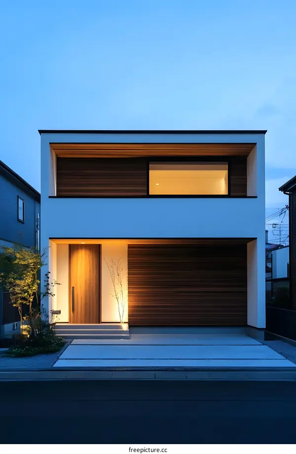 Modern Minimalist Two Story House with Wooden Siding and a Concrete Patio at Dusk