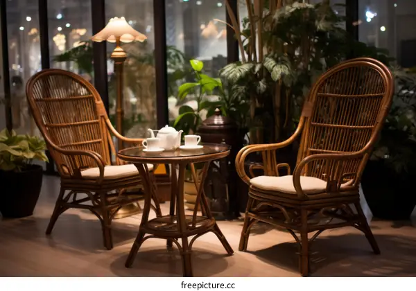 Wicker Chairs and Tea Set in a Conservatory