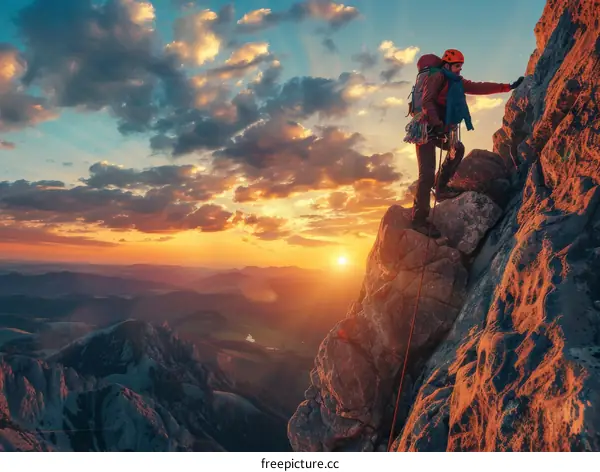 A rock climber scales a sheer cliff face as the sun sets behind him