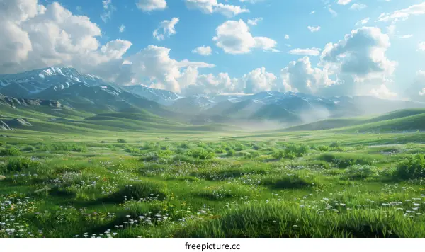 Alpine meadow in full bloom with snow capped mountains in the distance