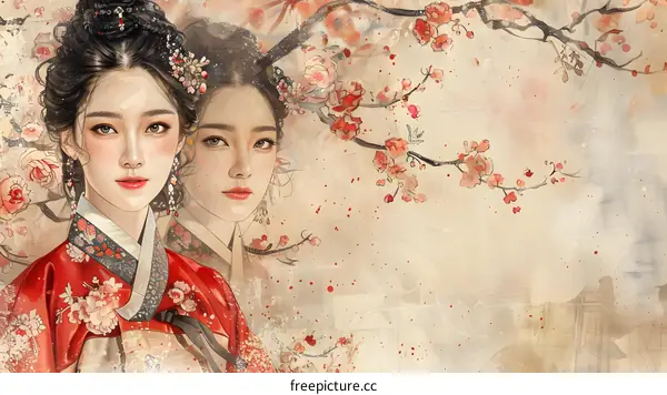 Two Korean women in traditional dress stand in front of a peach blossom tree.