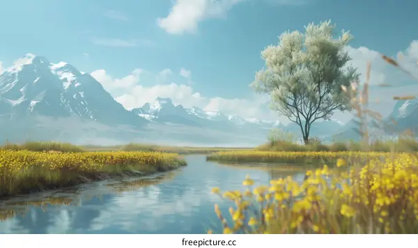 Lonely Tree and Yellow Flowers Field