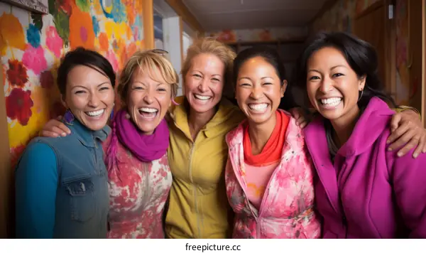 A group of five diverse women are smiling and embracing in a colorful room