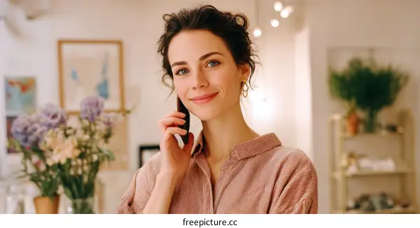 Woman Talking on Phone in Art Gallery