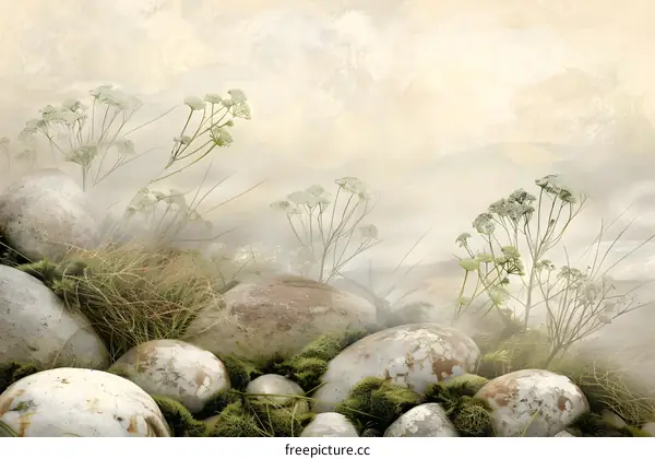 Foggy Meadow With Green Plants and Stones