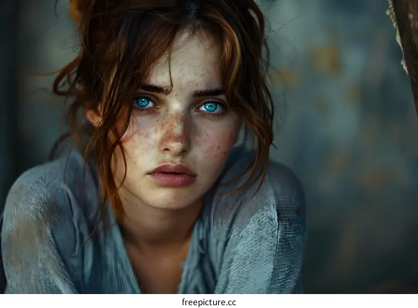 Portrait of a young woman with freckles and blue eyes