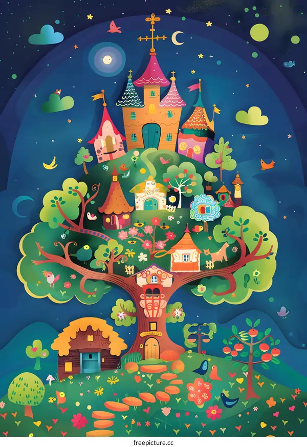 Night Sky With Colorful Houses In The Tree