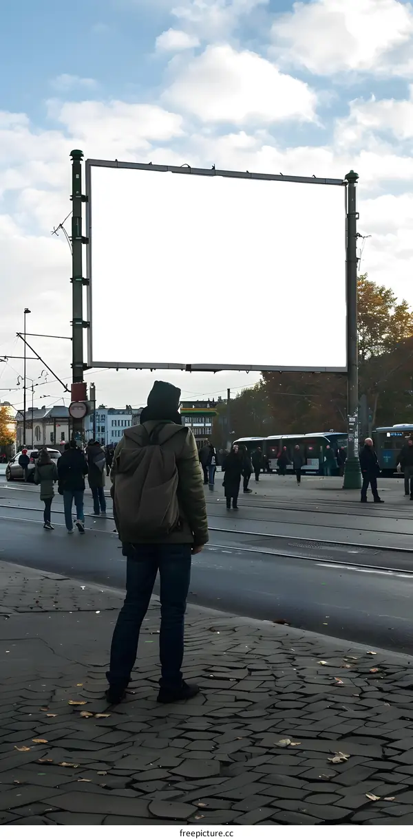 Blank Billboard in City Street with People Walking