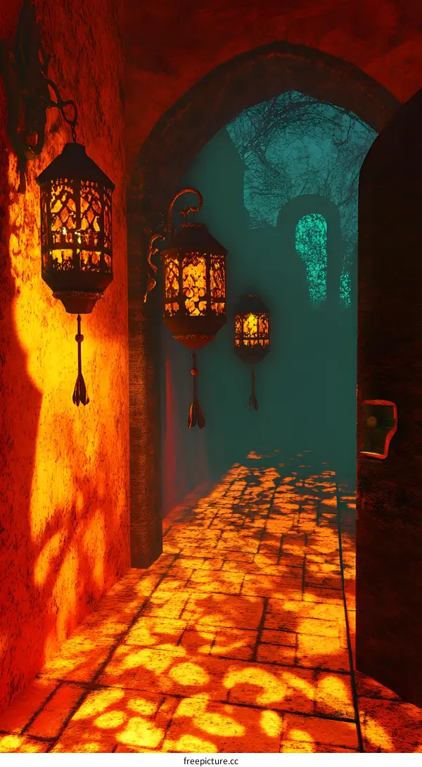 Dark and Mysterious Pathway with Lit Lanterns