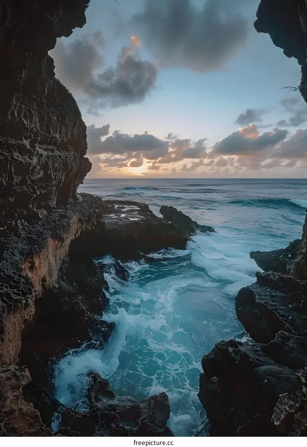 Ocean Waves Crashing Through Cave Opening