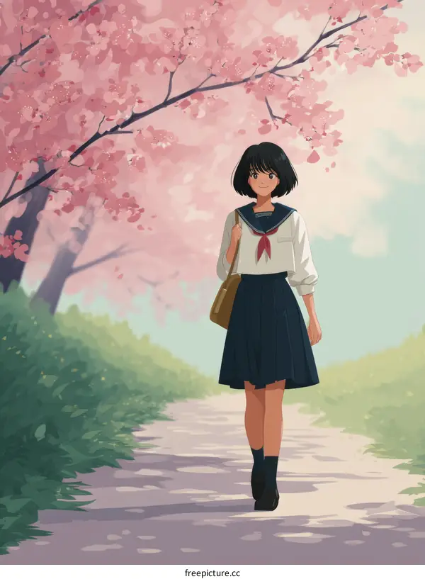 Springtime Sakura Path Walk of a Japanese Student