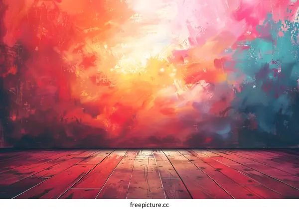 Abstract colorful painted wall and wooden floor background with light shining from above