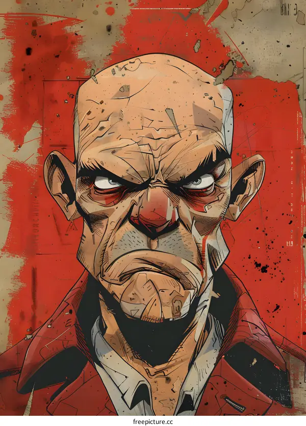 red background illustration of a bald man with a scarred face