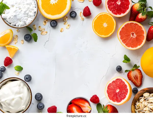 Healthy Breakfast Ingredients with Oatmeal, Fruits, and Yogurt