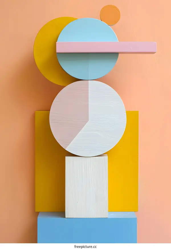 Abstract Geometric Wooden Sculpture with Pastel Colors