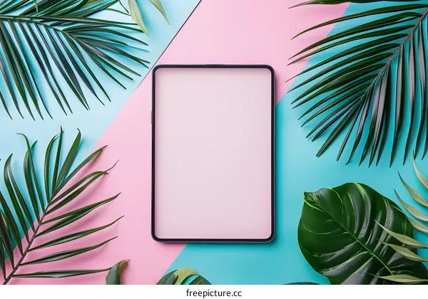 Tablet Mockup With Palm Leaves On Pink And Blue Background