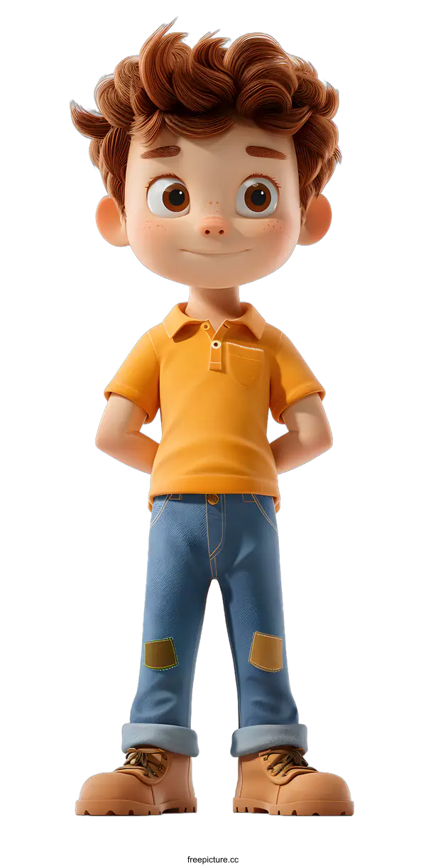 [Transparent Background PNG]Cute Cartoon Boy with Brown Hair Wearing Orange Shirt and Blue Jeans