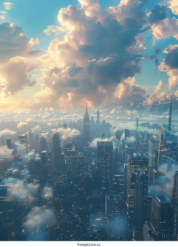 A beautiful cityscape of a modern city with skyscrapers and clouds