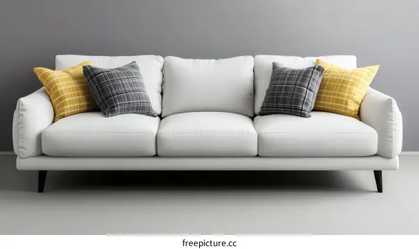 Modern White Sofa with Plaid Cushions