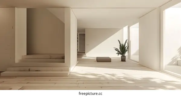 Minimalist Interior Design with Wooden Stairs and Sunlight