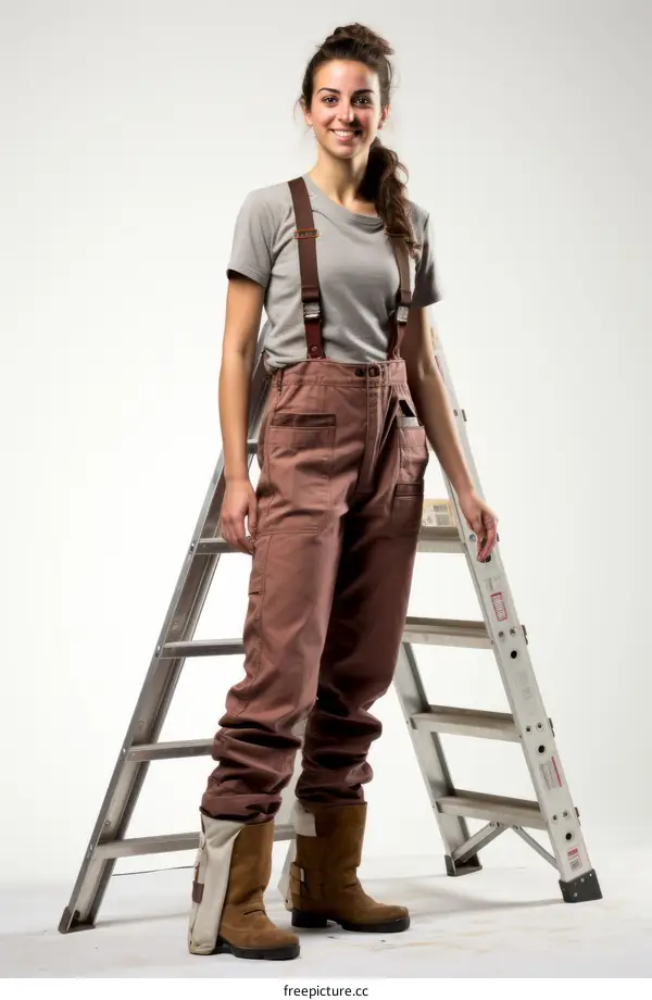 Carpenter wearing work clothes and standing next to a ladder
