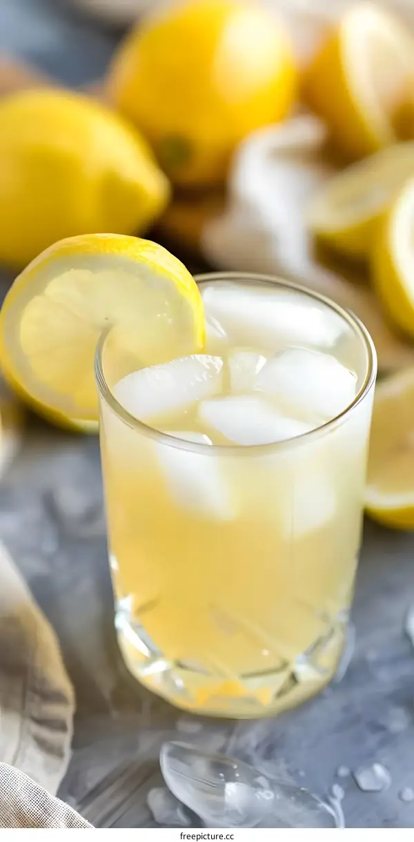 Glass of Lemonade with Ice Cubes and Lemon Slices