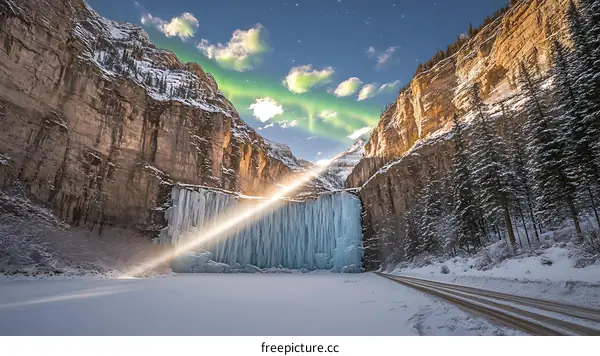 Frozen Waterfall in the Canadian Rocky Mountains with Northern Lights