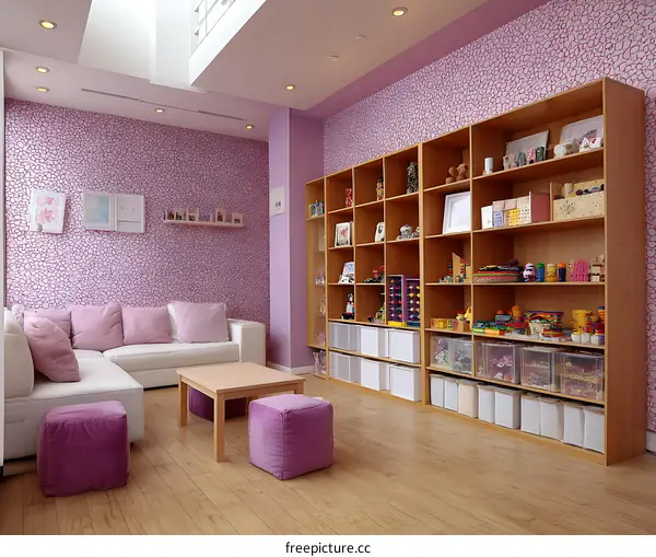 Playroom with Purple Walls and Wooden Shelving