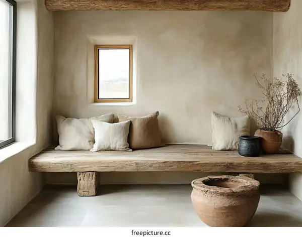 Rustic Wooden Bench Seating Area with Beige Walls