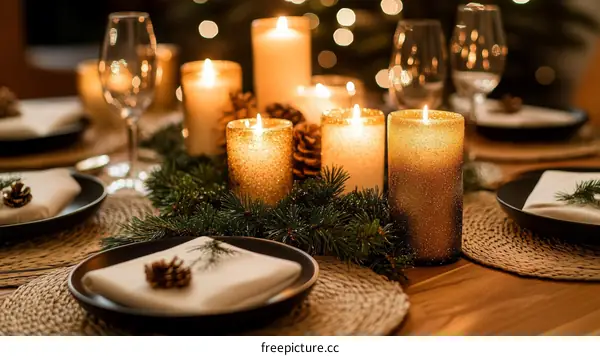 Christmas Dinner Table Setting with Candles