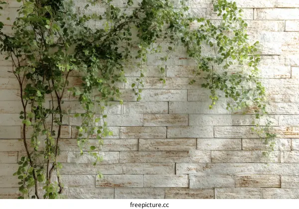 Elegant Beige Brick Wall with Hanging Greenery