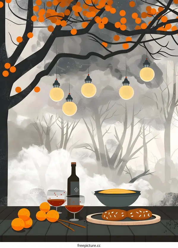 Autumn Forest Dinner Illustration with Hanging Lights