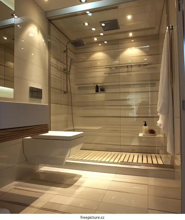 Bathroom With Glass Shower Enclosure and Wooden Floor