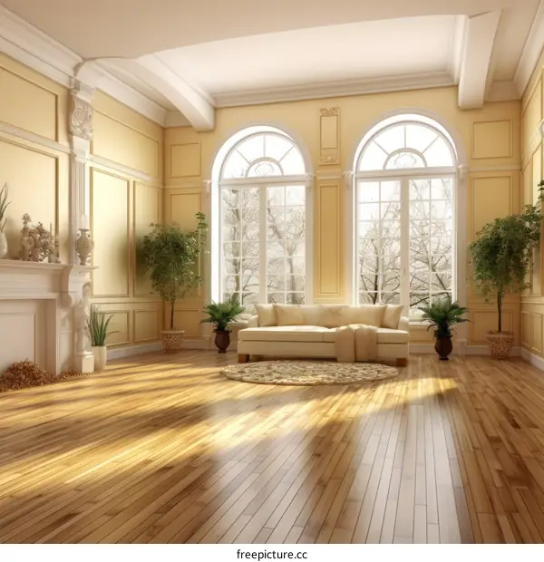 Bright spacious living room interior with large windows