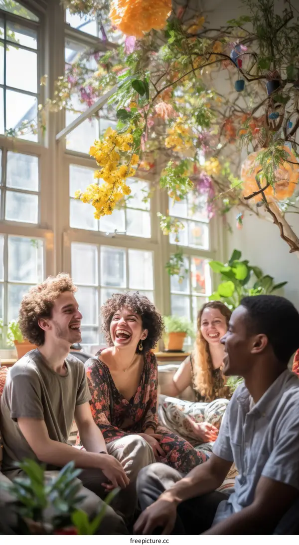 Multiethnic group of friends laughing together in a sunlit room