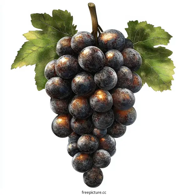 A Bunch of Detailed Dark Grapes with Leaves