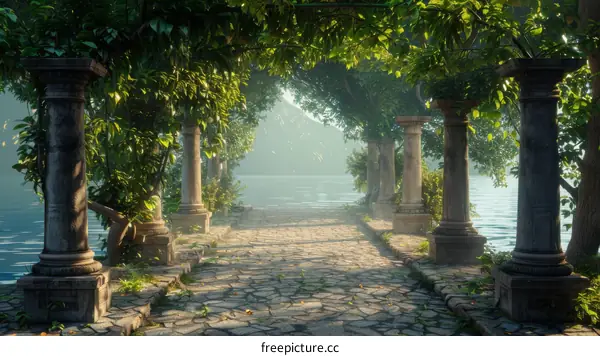 Overgrown Stone Path Leading to a Mystical Lake
