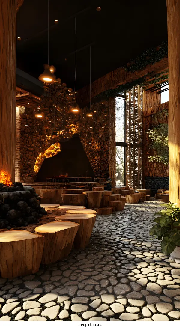 Stone and Wood Interior Design with a Fireplace